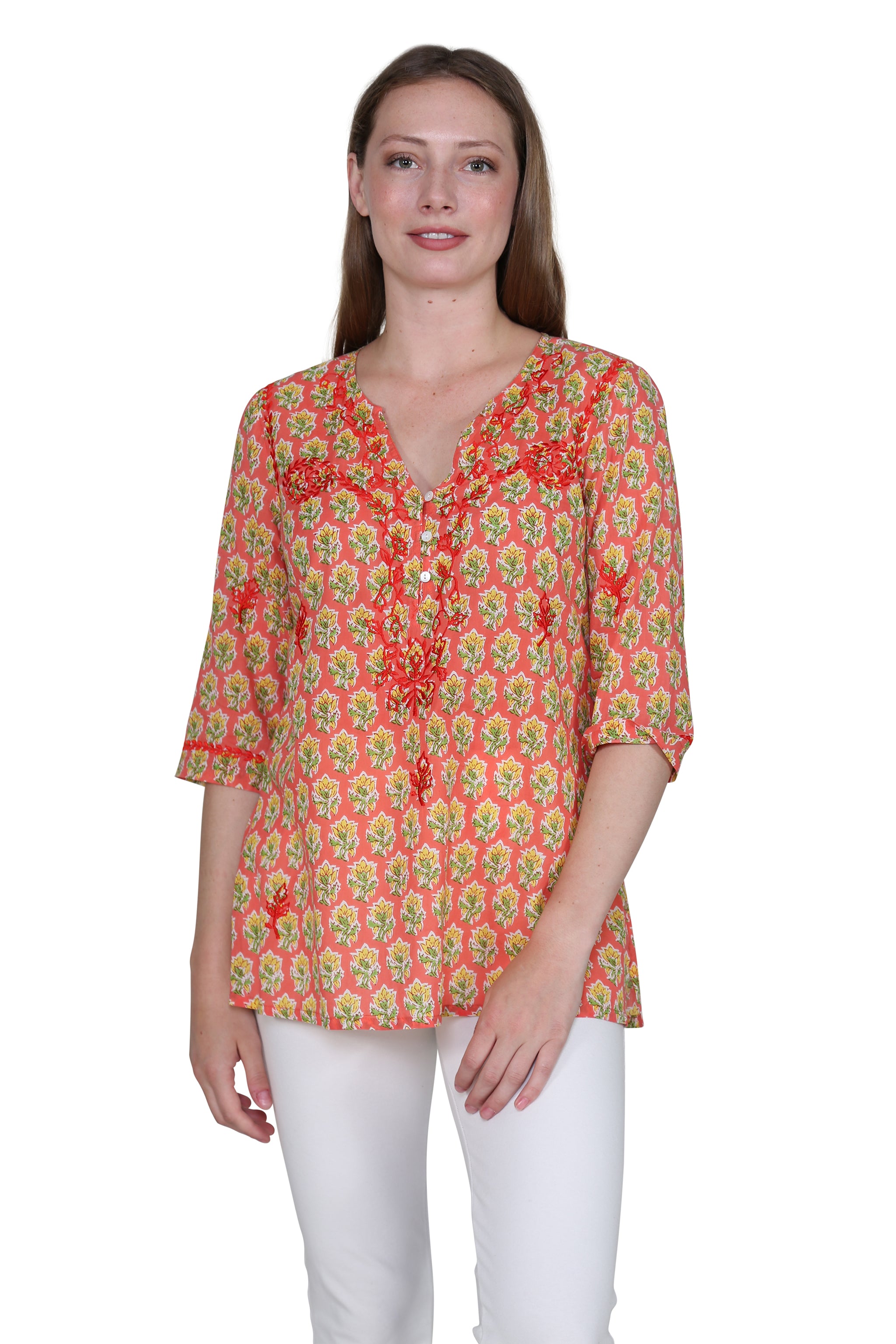 Handmade Block Print Tunic with Exquisite Tonal Embroidery | Boho Chic Women's Top for Casual Wear, Beach Cover-Up & Festival Outfits