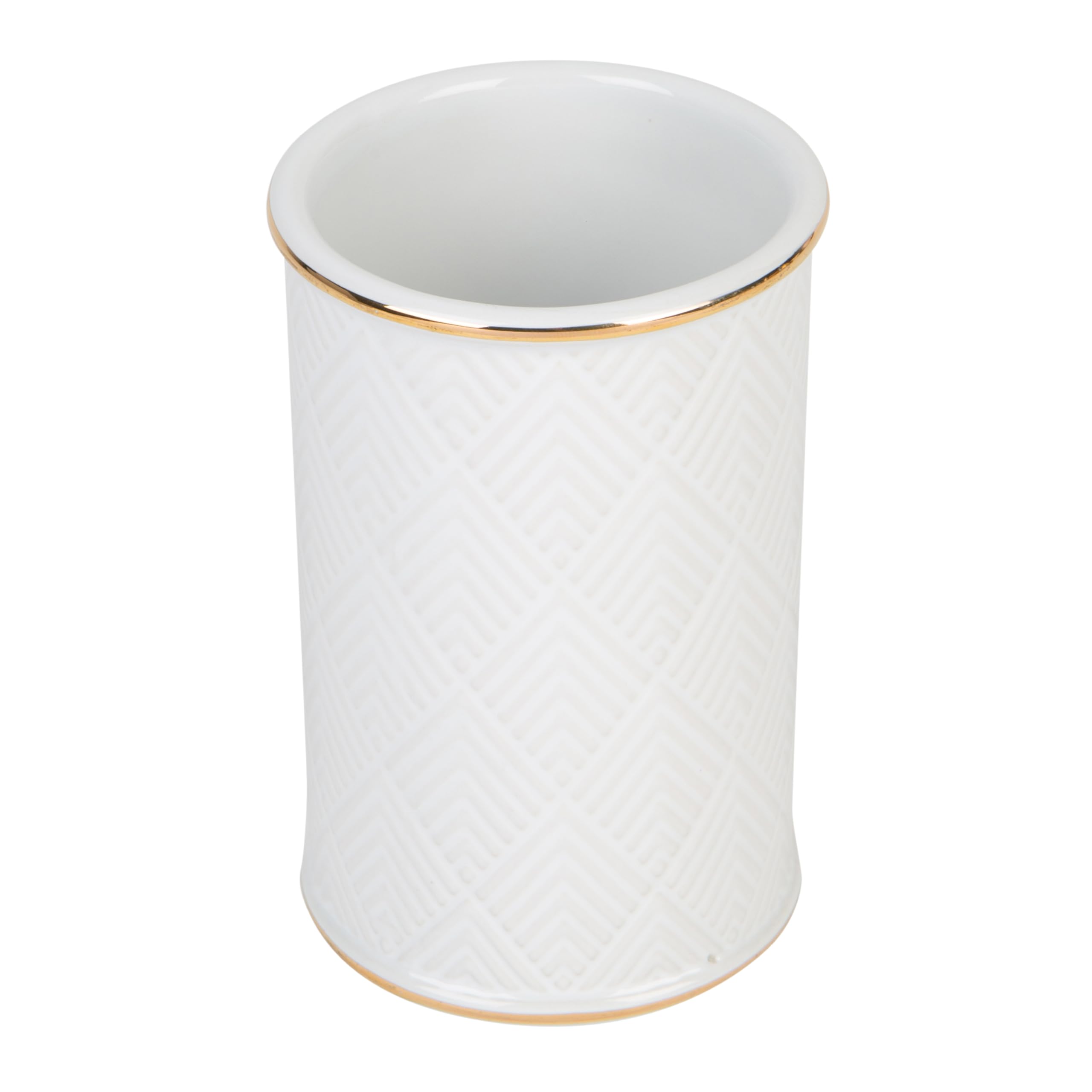 Premium White Ceramic Tumbler with Gold Trim - Elegant Embossed Design for Toothbrush & Makeup Brush Holder (2.76