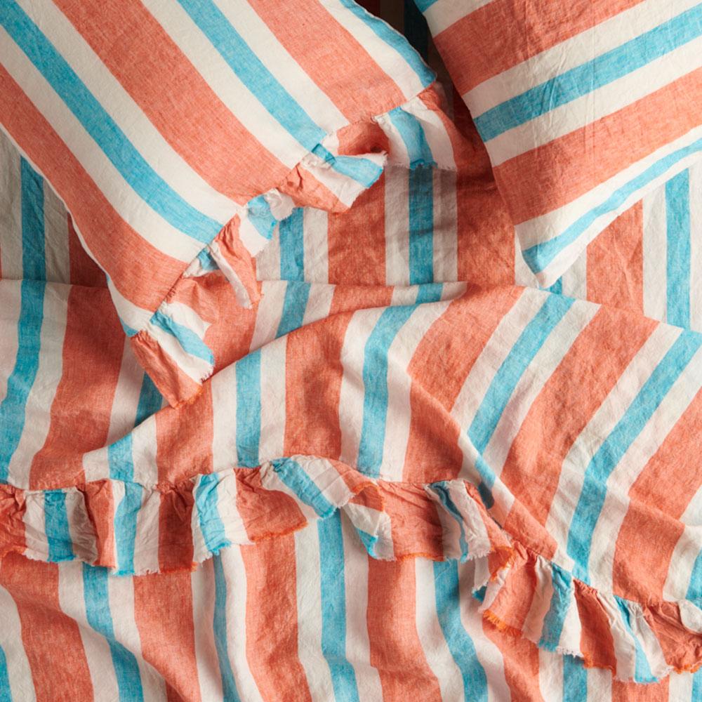 Candy Stripe 100% Linen Flat Sheet - Queen Size Bed Sheet Set - Breathable & Soft Linen Bedding for Summer - Perfect for Guest Rooms, Vacation Homes & Dorm Rooms