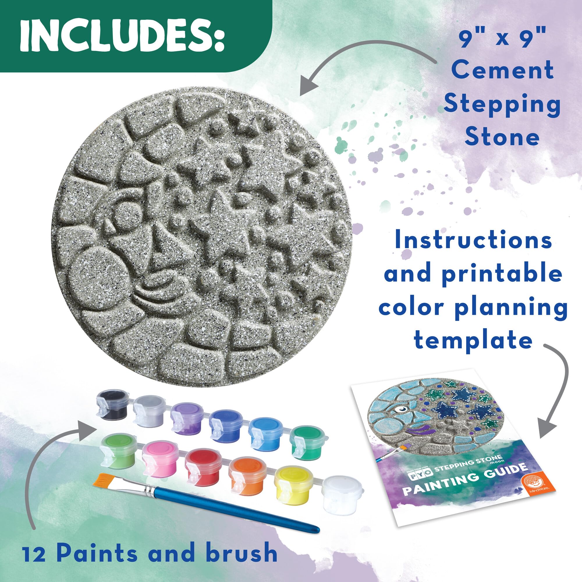 MindWare DIY Mosaic Stepping Stone Kit - Paint Your Own Moon & Stars Garden Decor - Includes Non-Toxic Paints & Brushes - Perfect for Kids Crafts, Outdoor Decor, and Garden Pathways