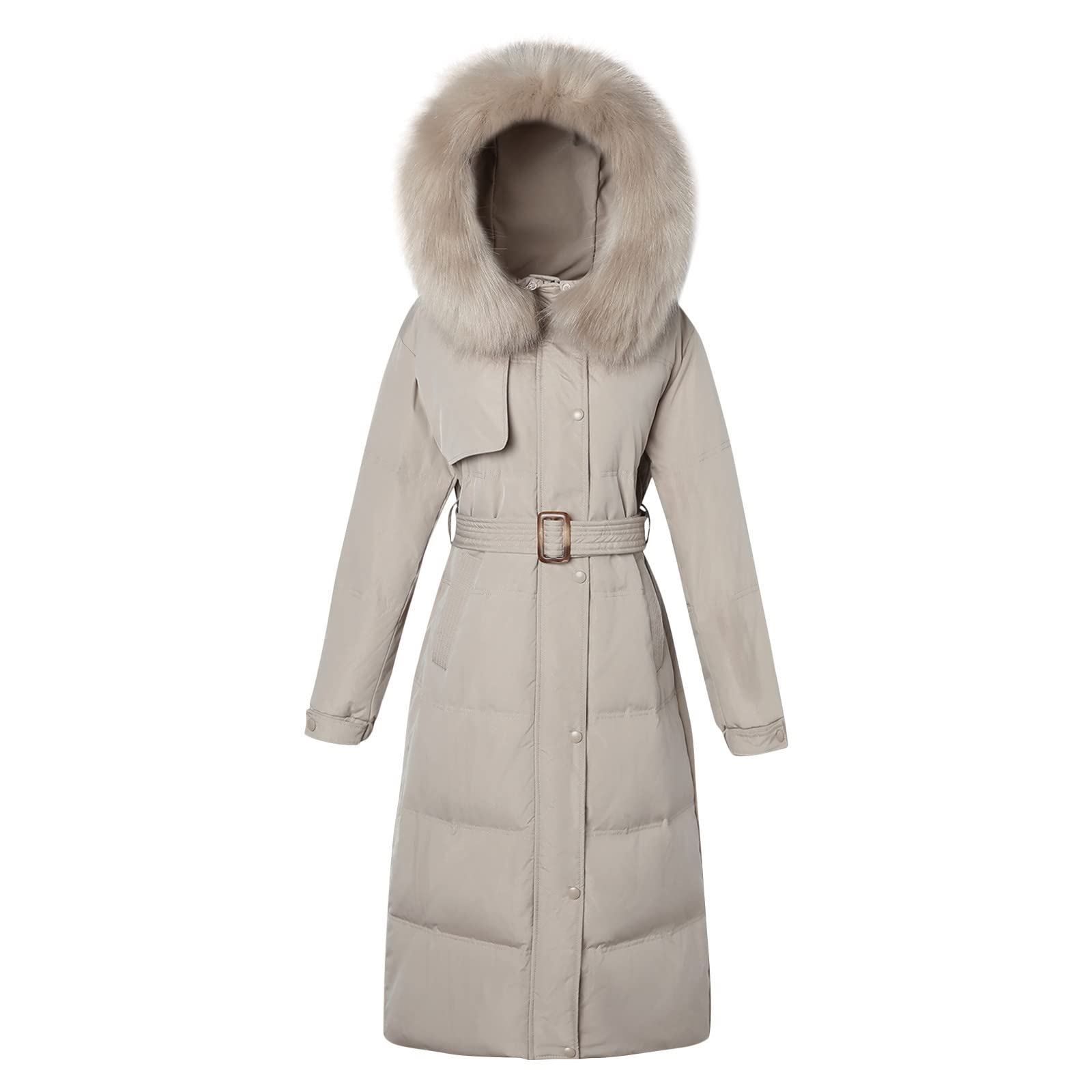 Women's Lightweight Puffer Jacket - Mid-Length Cotton Padded Coat with Fur Hood, Long Sleeve Winter Outerwear in Khaki | Perfect for Cold Weather, Outdoor Activities & Daily Commute