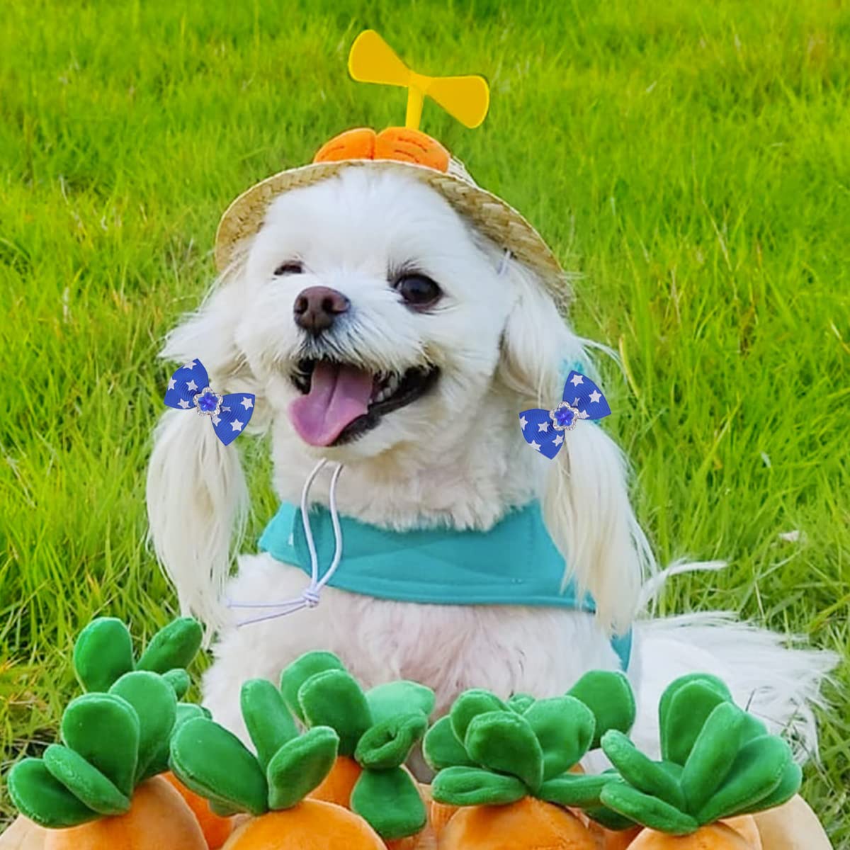 Wepetyo 100pcs Colorful Dog Hair Bows with Rhinestones & Flowers - Topknot Puppy Bows with Rubber Bands for Small & Medium Dogs - Perfect for Pet Grooming, Birthday Parties & Photo Shoots
