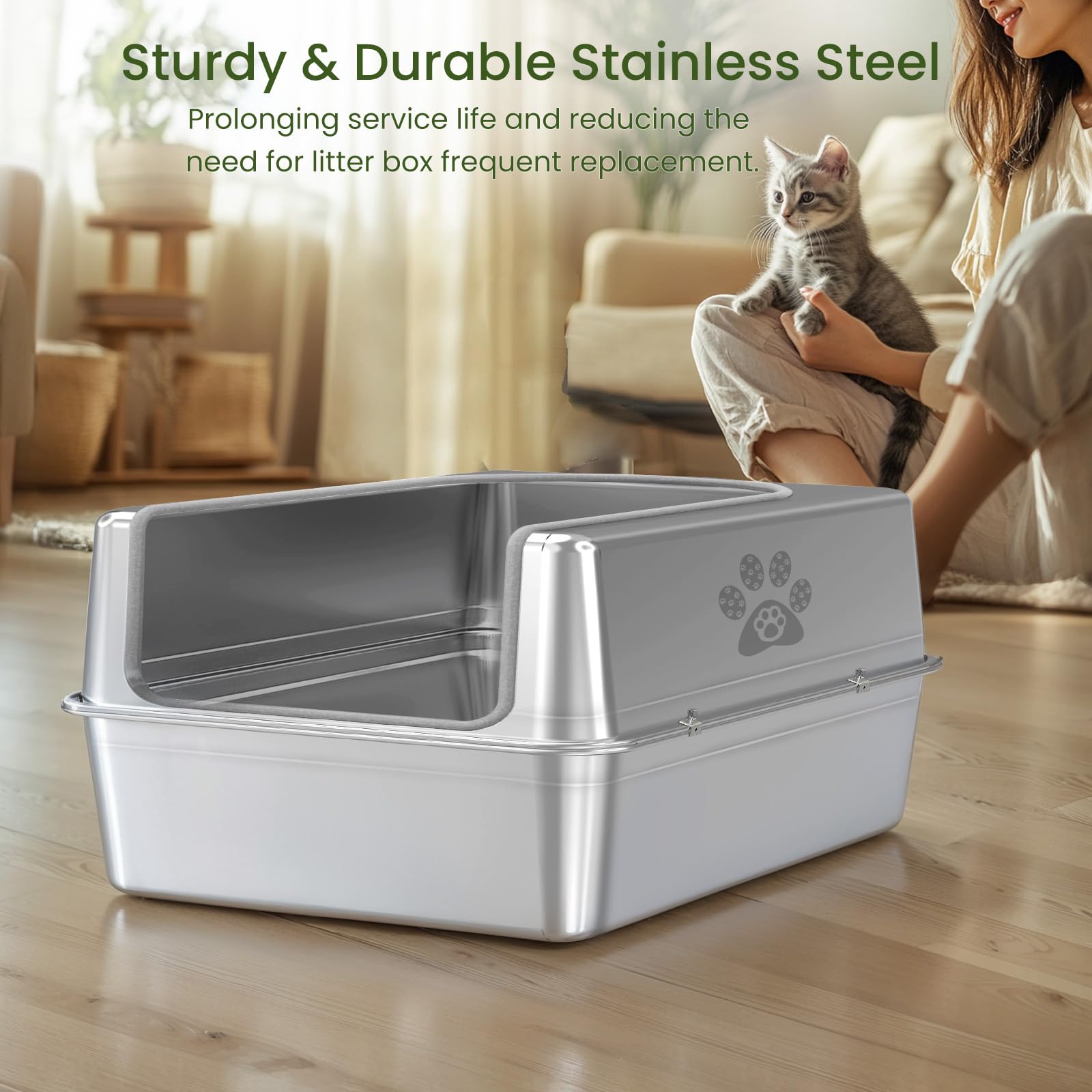 Stainless Steel Enclosed Cat Litter Box with Lid - Extra Large Metal Litter Box for Multiple Cats, High Sides, Non-Stick & Leak-Proof Design | Includes Odor Control, Litter Mat & Scoop | Perfect for Home, Apartment & Multi-Cat Households