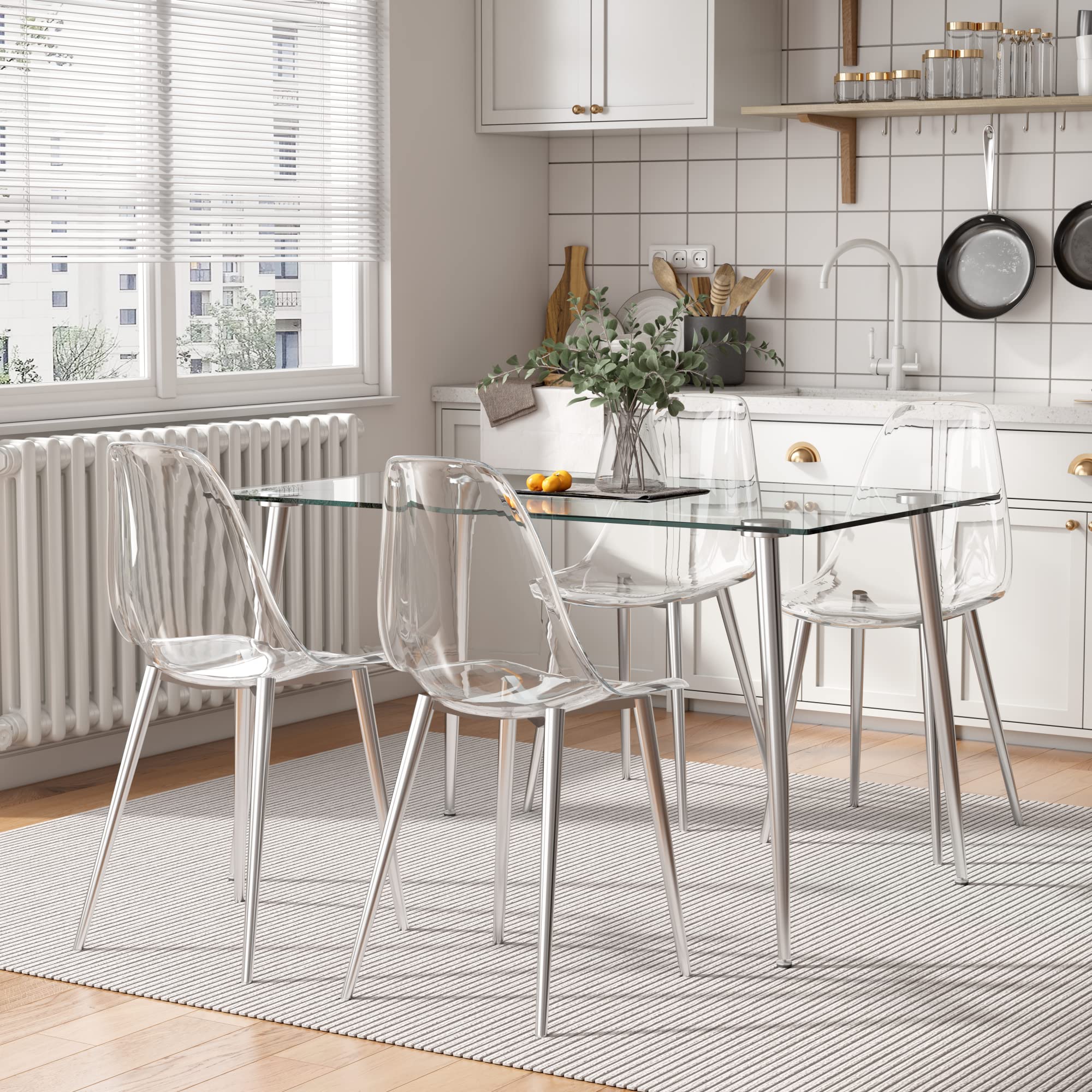 Baysitone 4-Piece Clear Acrylic Dining Chairs Set - Modern Transparent Kitchen Chairs with Sturdy Metal Legs - Silver Finish for Dining Room, Kitchen & Living Room - Perfect for Small Spaces, Minimalist Decor & Contemporary Home Settings