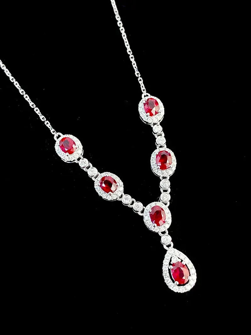 18K White Gold Ruby and Diamond Necklace for Women - Y-Shaped Luxury Fine Jewelry with Natural Gemstones - Perfect for Senior Banquets, Parties & Special Occasions