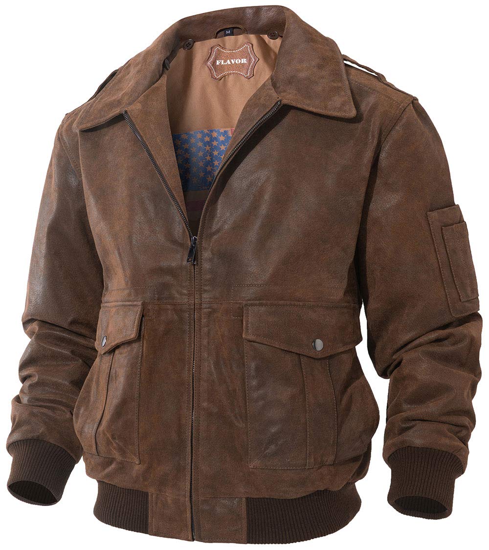 FLAVOR Genuine Leather Men's Bomber Jacket - Classic Aviator Style Flight Jacket for Men | Perfect for Casual Wear, Night Out & Motorcycle Riding