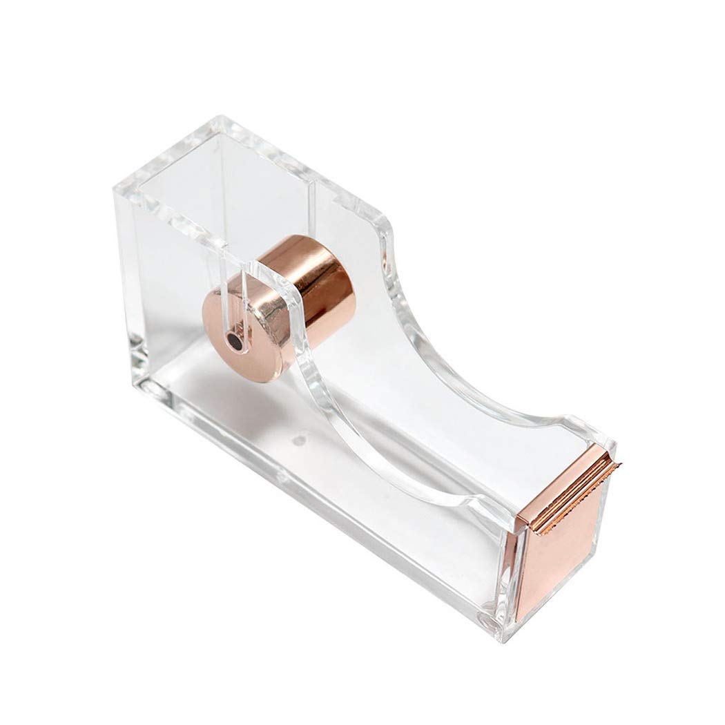 Clear Acrylic Tape Dispenser - Single Hand Tape Dispenser with Rose Gold Finish for Office & Home Use | Modern Desktop Tape Holder for Crafts, Packaging & Organization