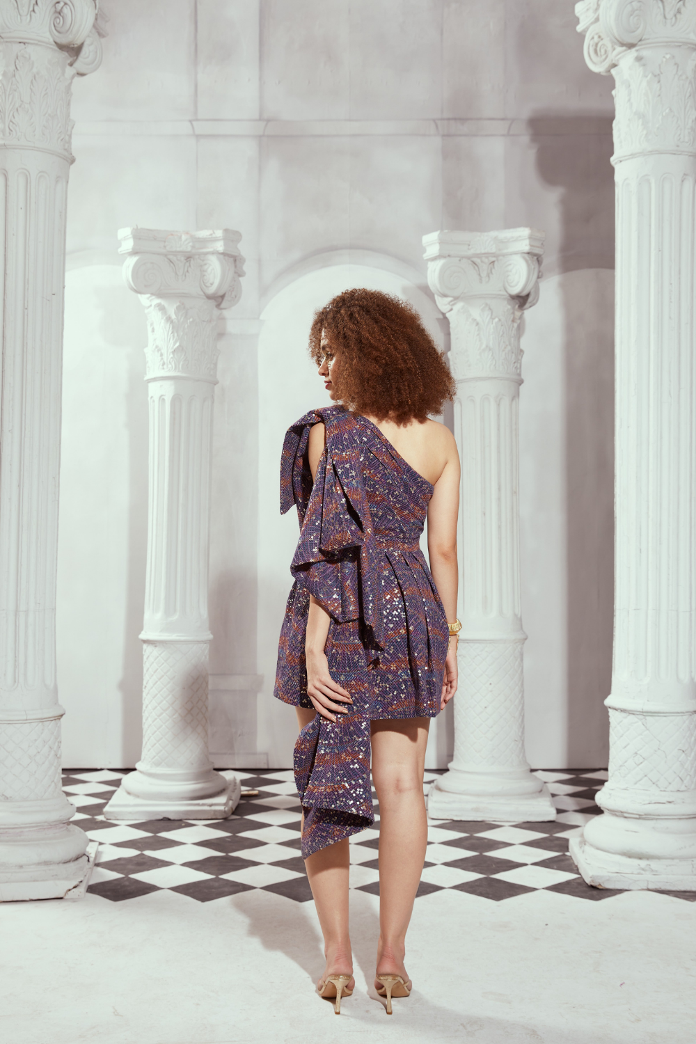 Overtine Greek Art Print One Shoulder Bow Dress - Elegant Summer Beach Party & Wedding Guest Outfit