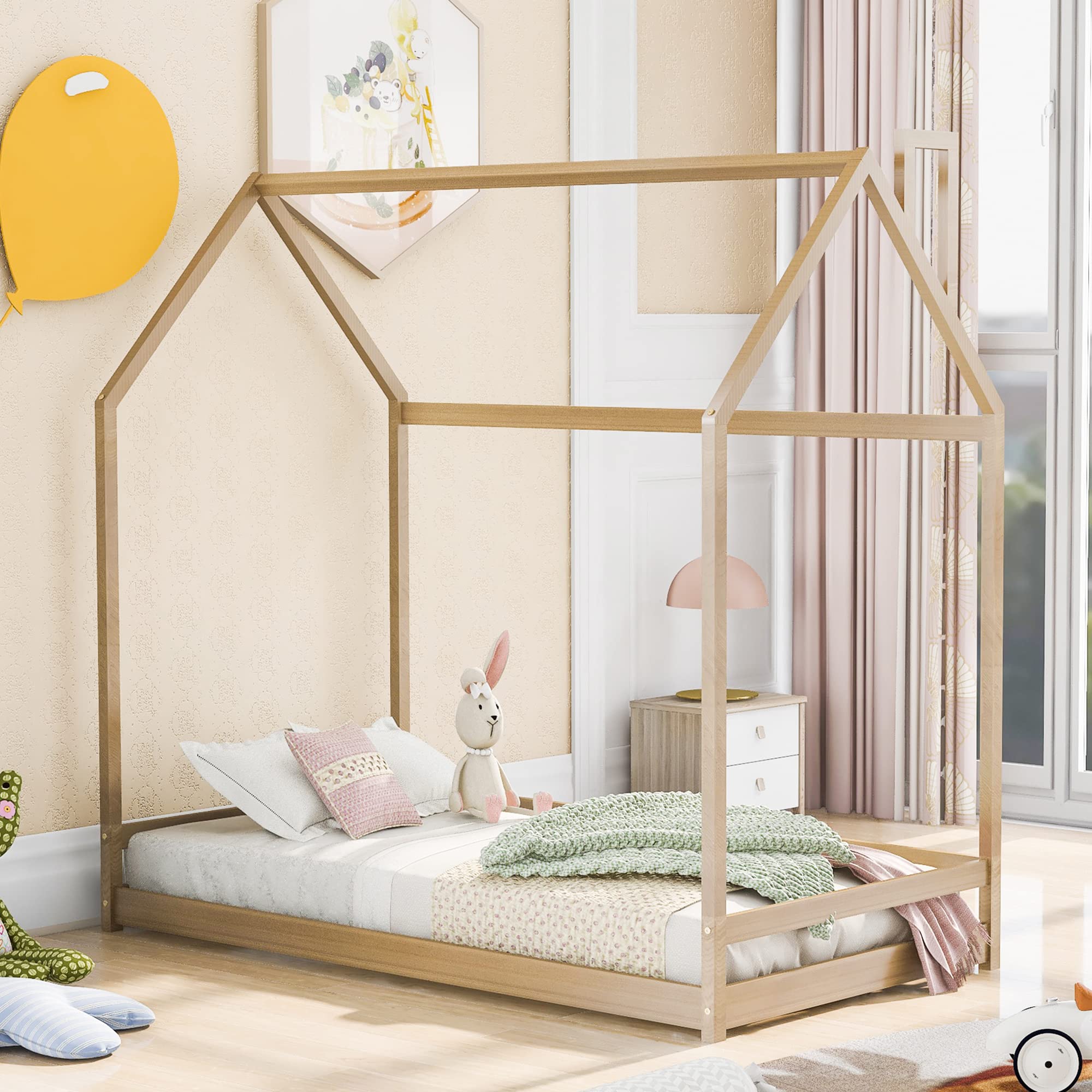 P PURLOVE Twin Size Wooden House Bed Frame - Natural Wood House Shape Floor Bed for Kids, Teens & Adults - No Box Spring Needed - Perfect for Bedroom, Dorm, Nursery & Playroom Decor