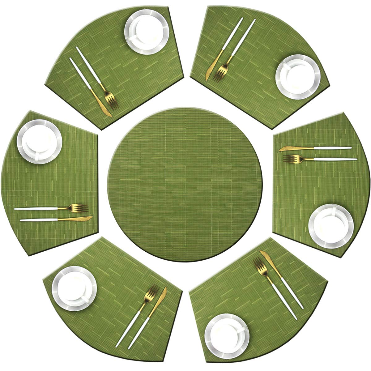Bright Dream Wedge Placemats Set - 1 Round & 6 Wedge Vinyl Placemats for Dining Table, Heat Resistant & Easy Clean Woven Table Mats (Green) - Perfect for Holiday Dinners, Family Gatherings & Formal Dining