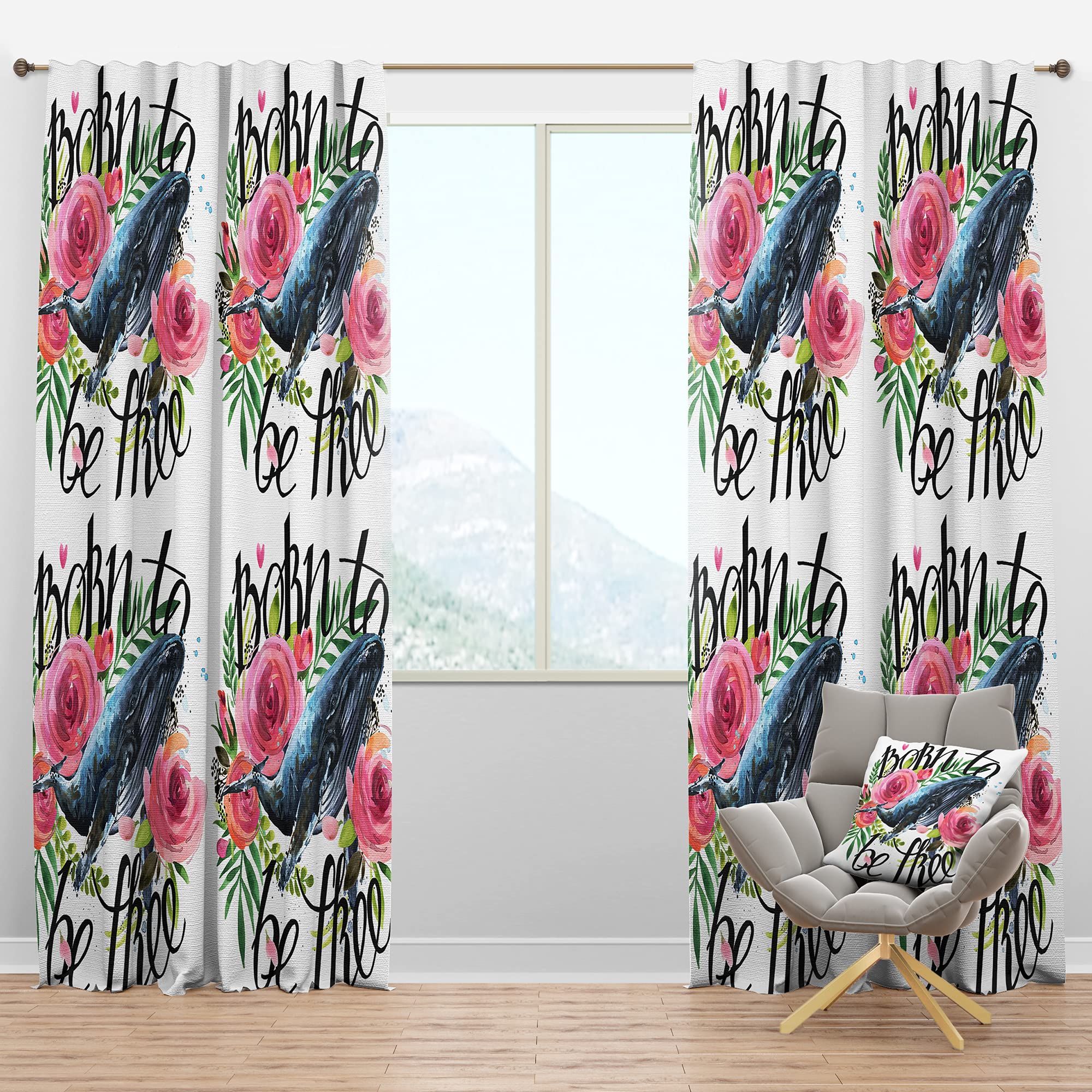 DesignQ Blackout Curtains 'Whale and Roses' - Thermal Insulated Single Panel (52x95 inches) for Bedroom & Living Room - Noise Reducing & Energy Saving Window Drapes for Better Sleep & Home Decor