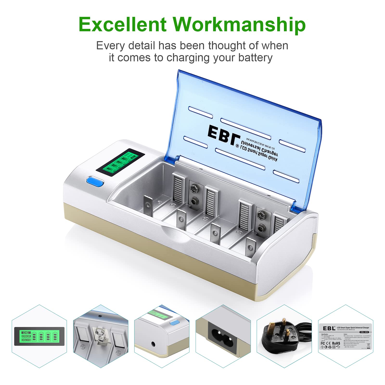 EBL Universal AA AAA C D 9V Battery Charger - LCD Smart Fast Charger with Discharge Function for Ni-MH Ni-CD Rechargeable Batteries - Perfect for Home, Office, Emergency Kits & Electronic Devices