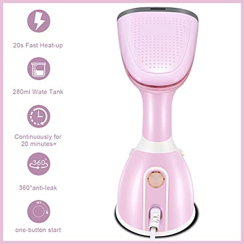 Powerful Handheld Portable Steamer for Clothes - 280ml Large Detachable Water Tank, 20s Fast Heat-up Wrinkle Remover for Travel & Home Use - Pink Fabric Garment Steamer | Perfect for Suits, Dresses, Curtains & Home Textiles