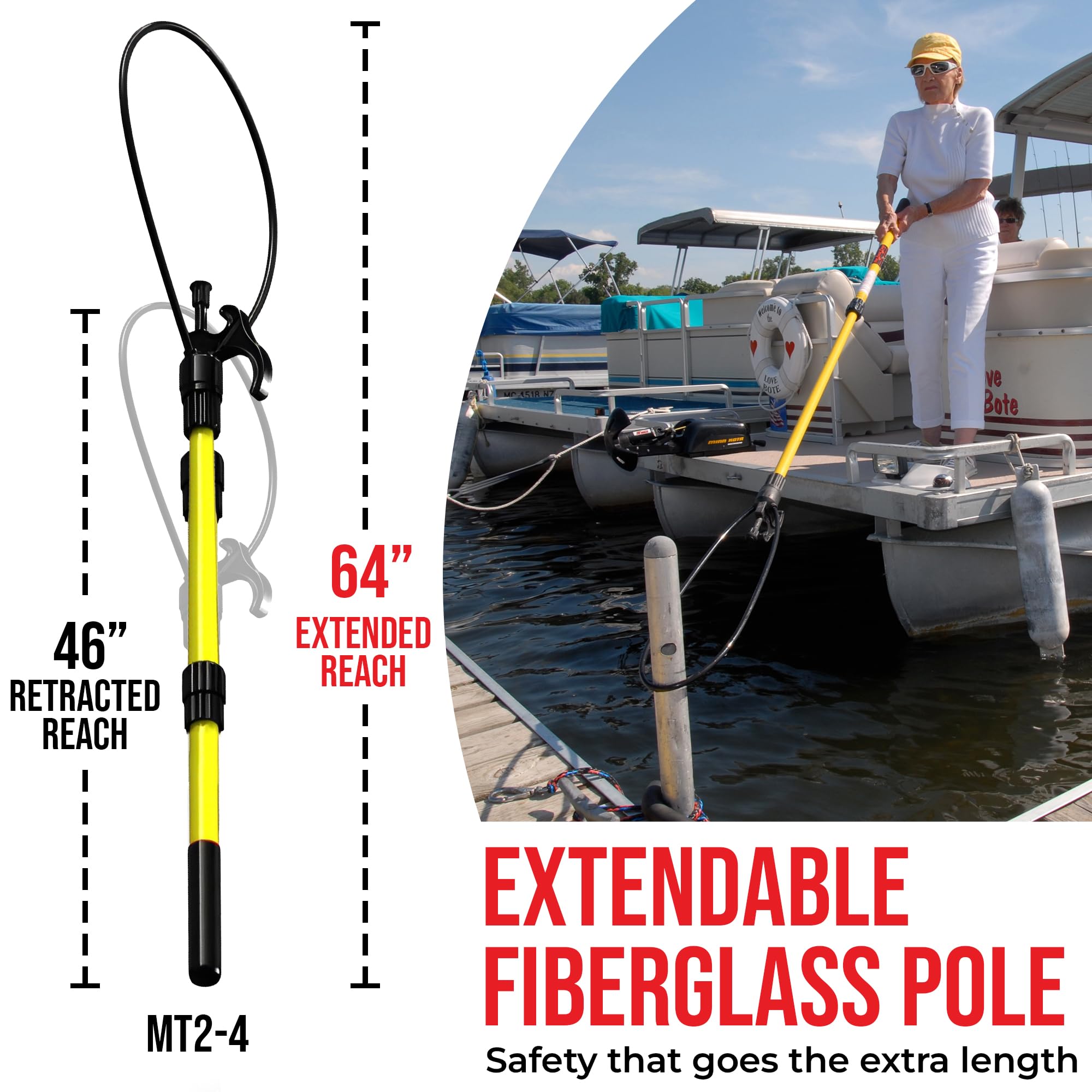 Extendable Fiberglass Boat Hook with Flexible Loop & Quick-Lock System - Adjustable 2-8ft Marine Pole with Rubber Guard - Docking, Mooring & Line Handling Tool for Boats, Kayaks & Watercraft