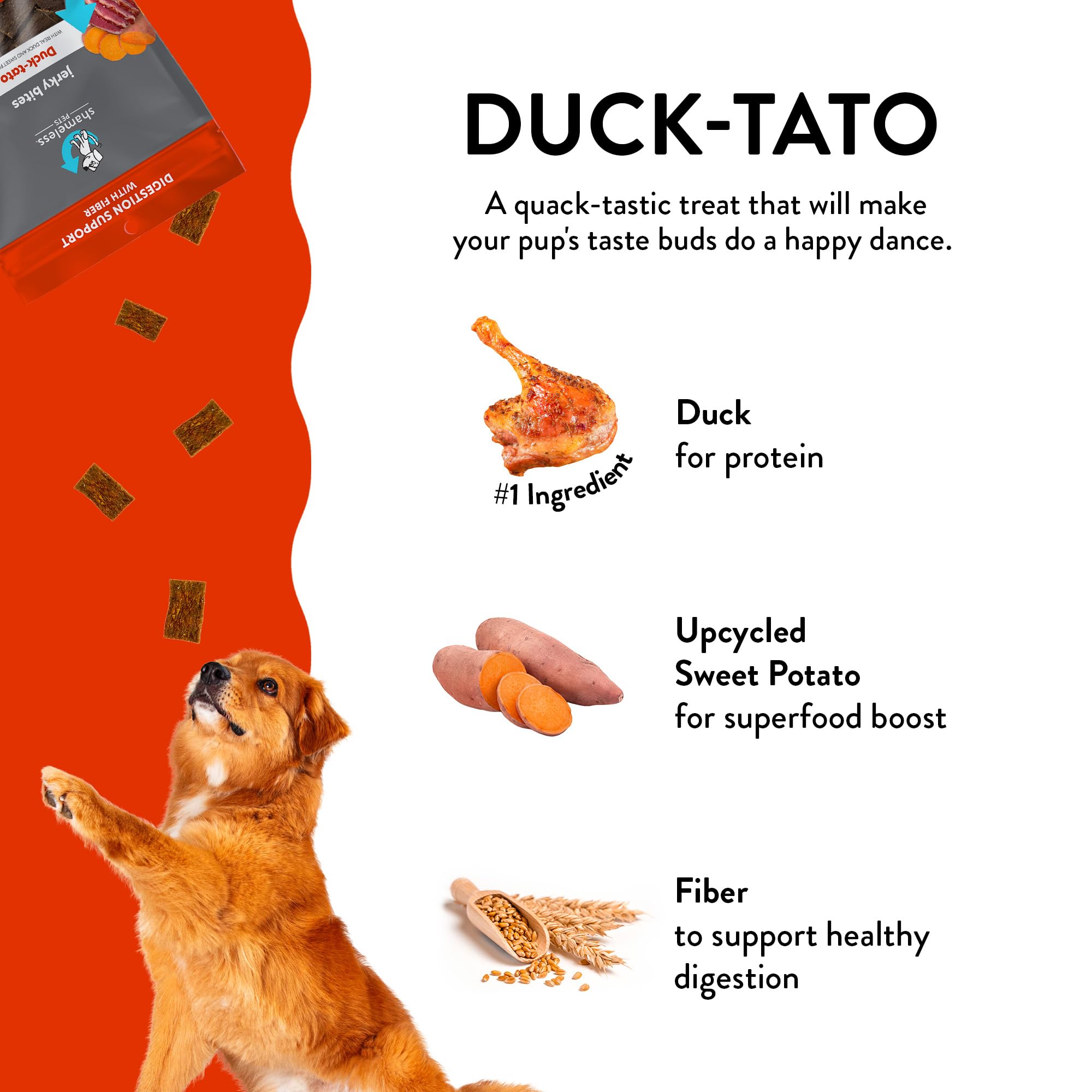Shameless Pets Duck-Tato Jerky Dog Treats - Grain-Free, Healthy Dog Chews with Real Cage-Free Duck for Digestion Support & Fiber - No Corn, Soy - 1-Pack - Perfect for Training, Rewards & Digestive Health
