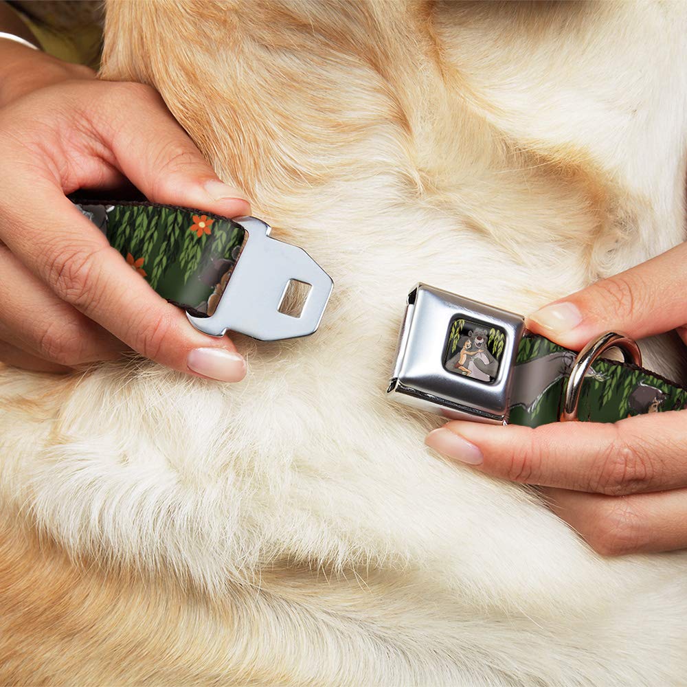 Dog Collar with Seatbelt Buckle - Mowgli & Baloo 3 Poses, Leaf & Flower Design, 1.0 Inch Wide (11-17 Inches) - Perfect for Car Safety & Outdoor Adventures with Your Pet