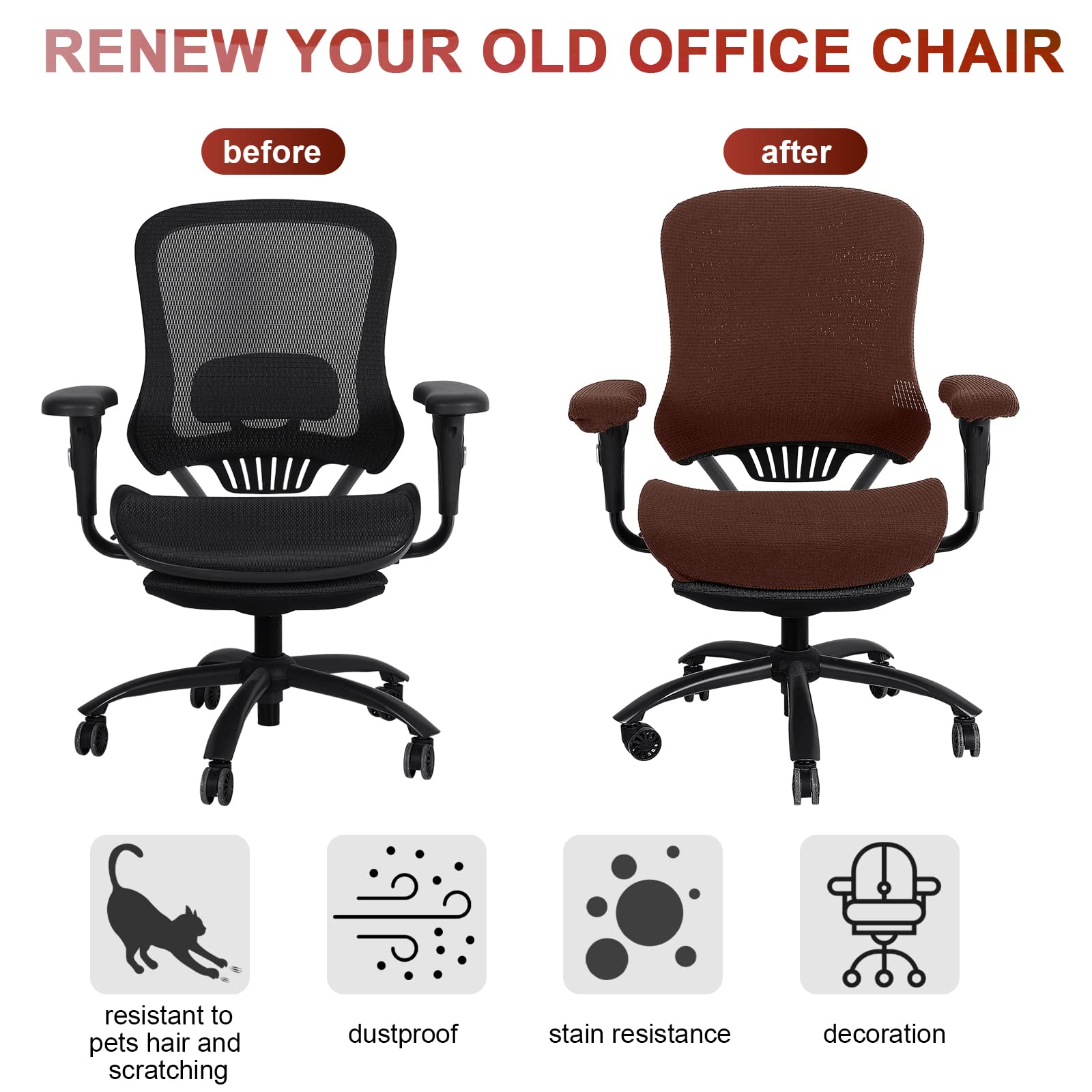 Tallew 4-Piece Office Chair Cover Set - Universal Stretchable Computer Chair Covers with Seat, Armrest & Backrest Pads - Dark Brown Polyester Slipcovers for Home & Office Workspace (Ergonomic Support & Protection)