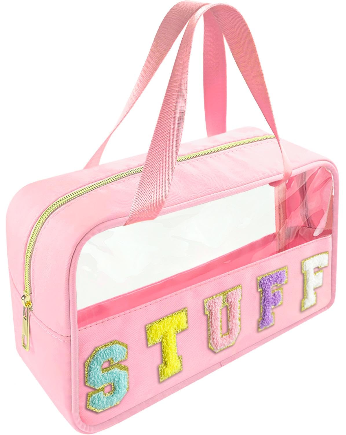 Waterproof Nylon Clear Makeup Bag with Handle - Travel Toiletry & Cosmetic Organizer for Women (Pink) - Perfect for Gym & Weekend Trips