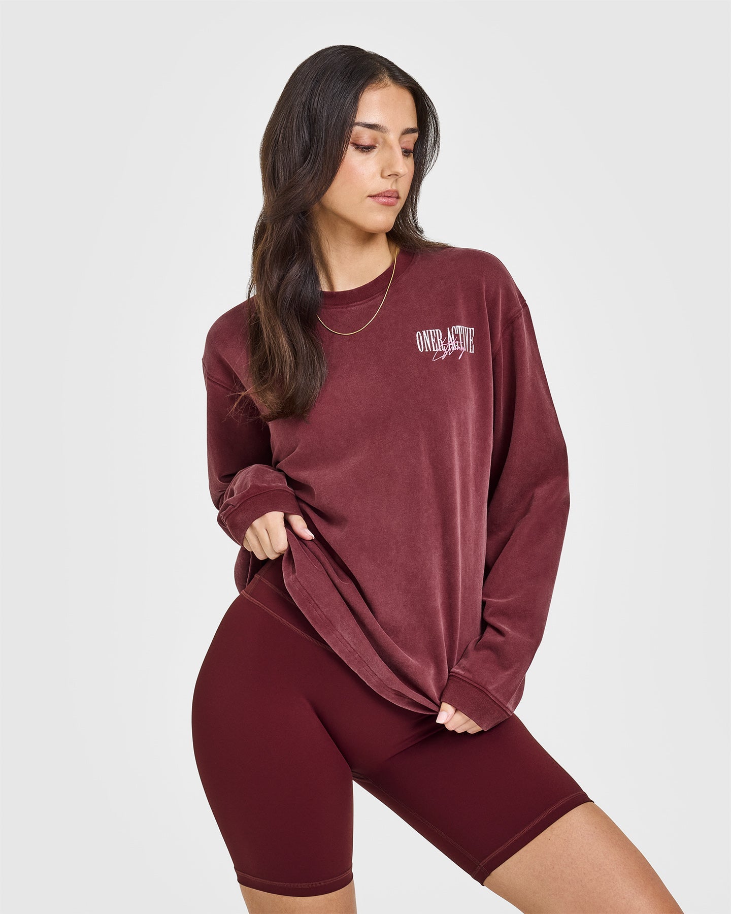 Oner Graphic Washed Long Sleeve T-Shirt for Women | Vintage Rosewood Print | Casual Streetwear & Layering Essential