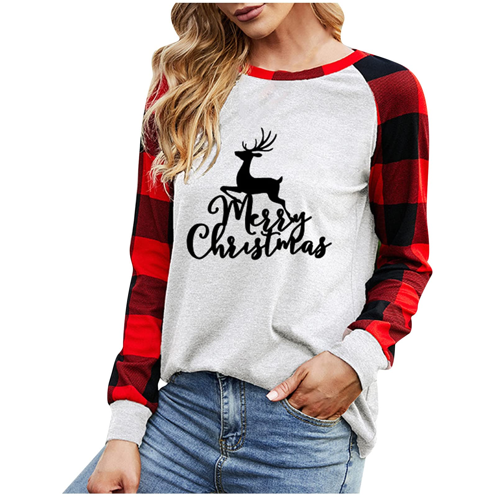 Women's Fall Winter Long Sleeve Plaid Patchwork Sweatshirt - Cozy Gym & Vacation Pullover - Christmas Holiday Casual Wear for Women C4 - Perfect for Workouts, Travel & Festive Gatherings