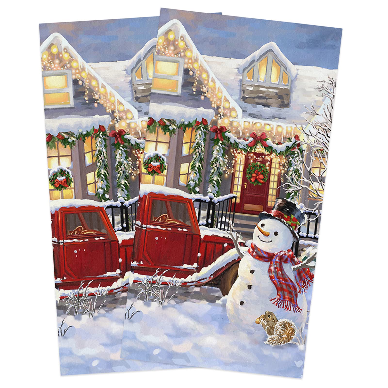 Premium Microfiber Kitchen Towels Set of 2 - Super Absorbent & Reusable Dish Towels (18x28 Inch) - Christmas Truck Xmas Tree Farm Snowman Design - Perfect for Holiday Kitchen Decor, Dish Drying, Bar Cleaning & Tea Towel Use