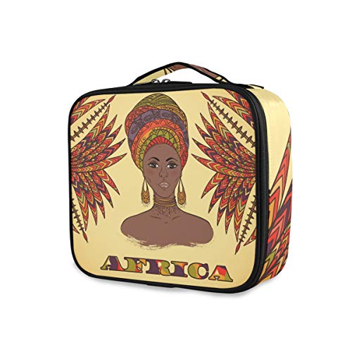 ALAZA Travel Makeup Case - Waterproof Cosmetic Toiletry Bag for Women | Ethnic Geometric Design with African Turban Woman | Perfect for Vacation, Gym, Business Trips & Daily Use