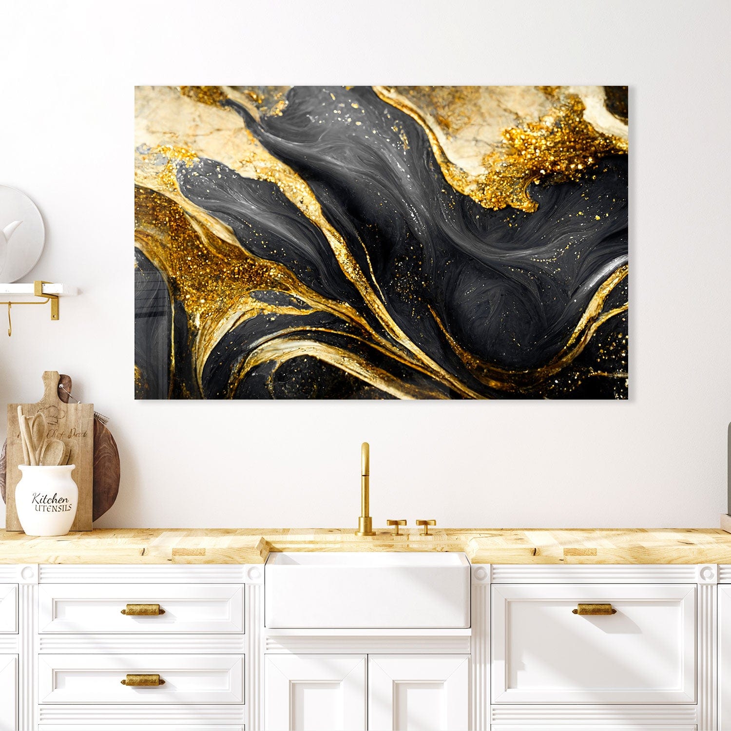 Golden Black Flower Tempered Glass Wall Art - Elegant Home Decor for Living Room, Bedroom & Office | Shatterproof & Stylish
