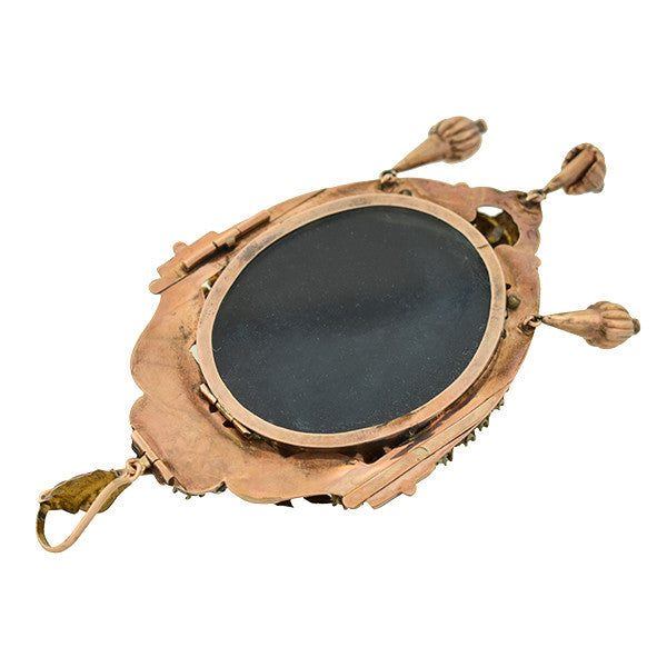 Victorian Style 15kt Gold Pearl and Diamond Wreath Open Faced Locket Necklace - Elegant Vintage Jewelry for Weddings, Anniversaries & Special Occasions