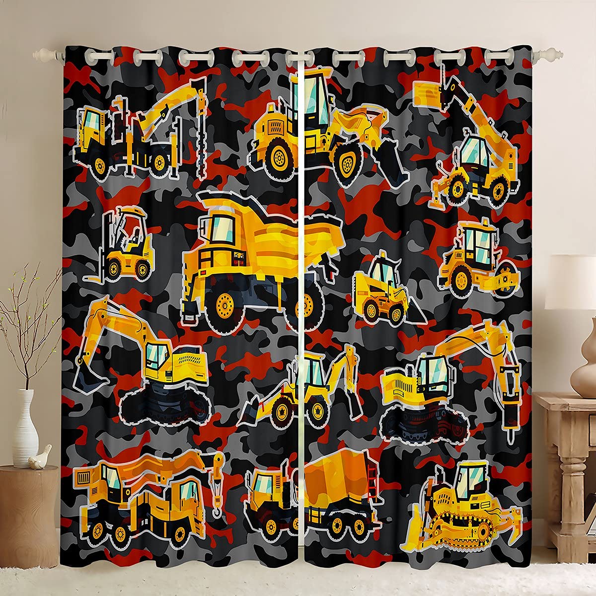 Feelyou Boys Tractor Camouflage Blackout Curtains - Construction Excavator & Heavy Equipment Window Drapes for Bedroom, Nursery, Kids Room (52x84 Inches, 2 Panels) | Perfect for Light Blocking & Room Decor