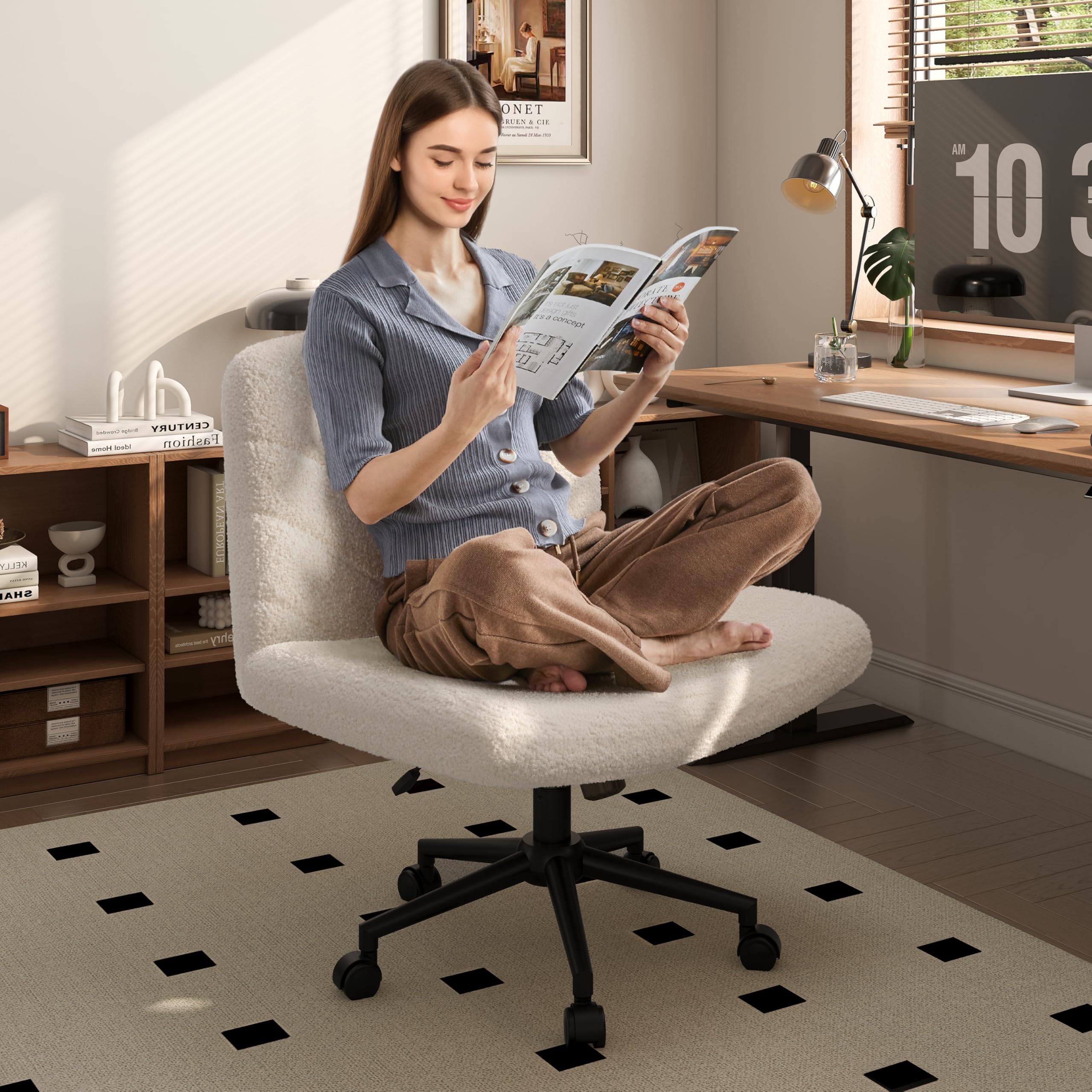 Yaheetech Wide Criss Cross Chair with Wheels - Armless Swivel Office Desk Chair with Comfortable Cross-Legged Design, Computer Chair for Home Office & Vanity (Ivory) - Perfect for Workstations, Gaming & Makeup Areas