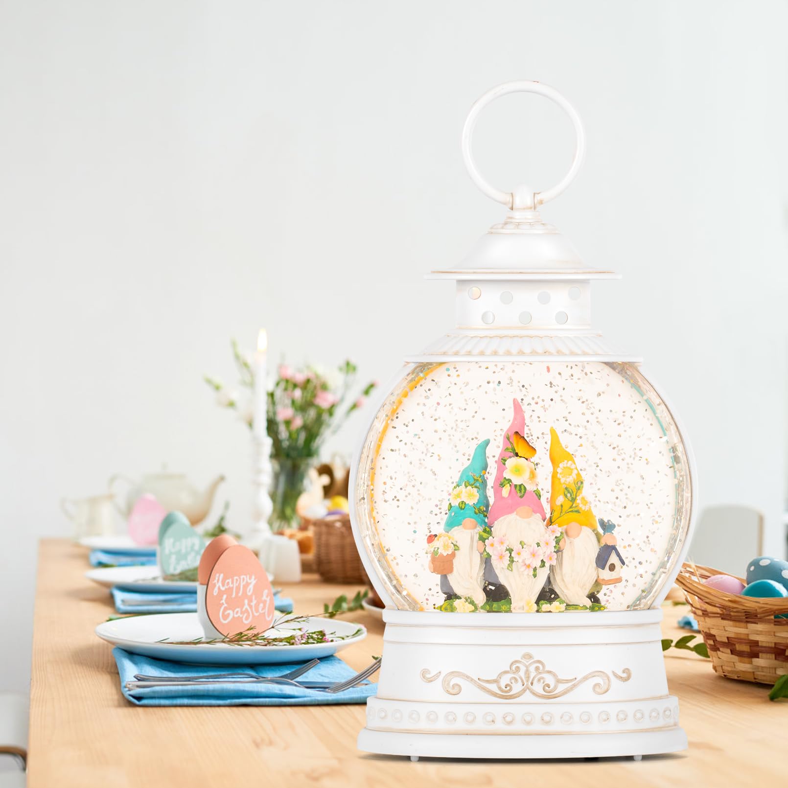 Spring Snow Globe with 6H Timer & Swirling Glitter - Battery/USB Powered Easter Gnome Decor for Home Shelf, Tabletop & Gift Giving | Perfect for Spring Holiday Decorations, Easter Centerpieces & Cozy Home Accents