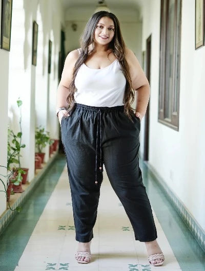 Plus Size Women's Black Cotton Trousers - Comfortable Stretch Pants for Work, Office & Casual Wear