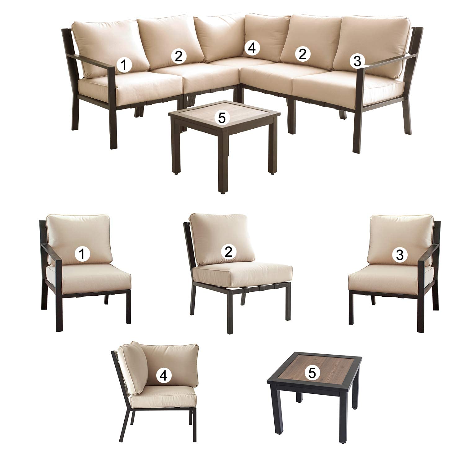 Festival Depot 6-Piece Outdoor Patio Furniture Set - All-Weather Black Wicker Sectional Sofa with Square Coffee Table & Removable Cushions (Beige) - Perfect for Backyard, Garden, Poolside & Outdoor Entertaining