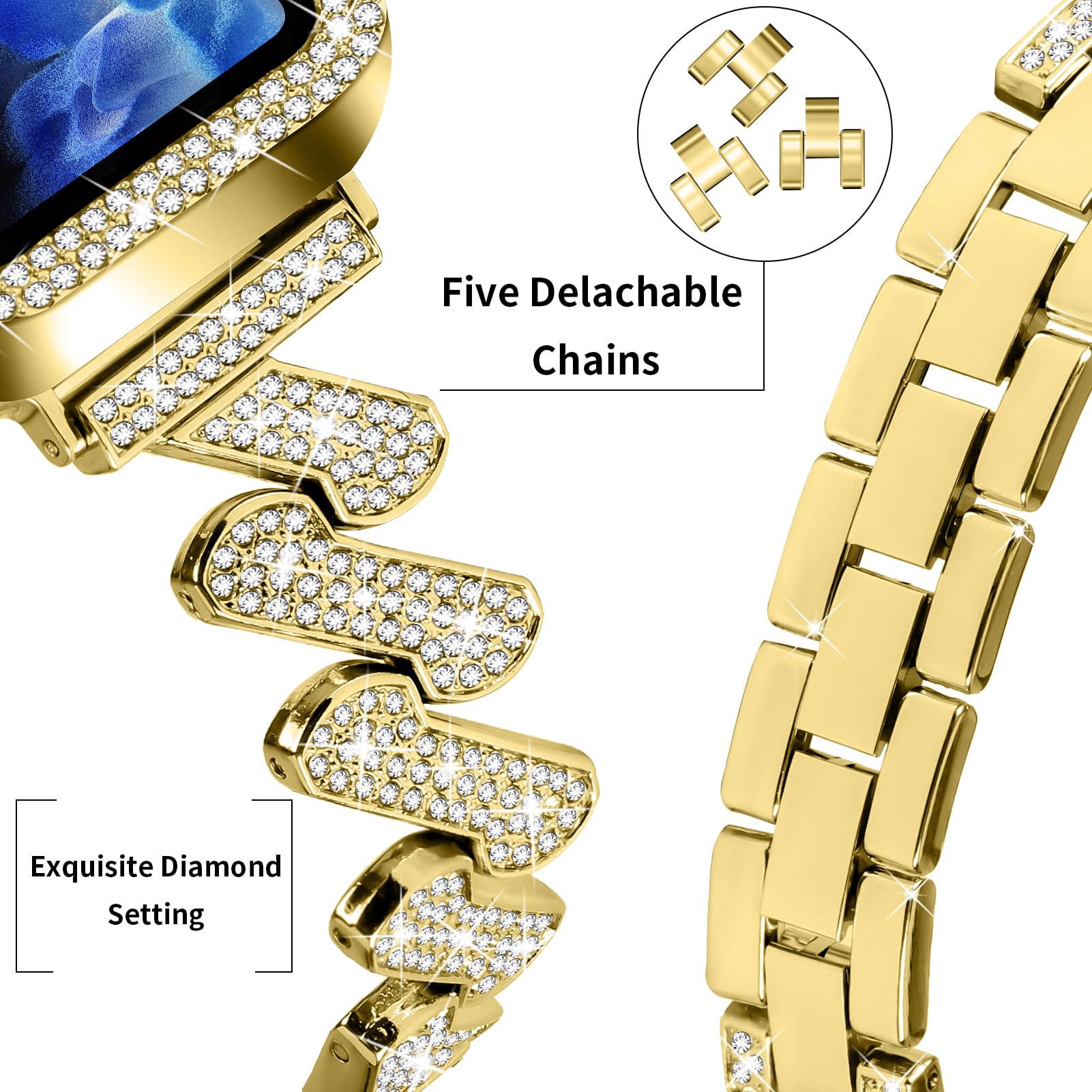 JOYOZY Bling Bands for Apple Watch 38mm 40mm 41mm 42mm 44mm 45mm - Women's Diamond Metal Strap with Glitter Case & Built-in Screen Protector - Compatible with iWatch Series 9/8/7/6/5/4/3/2/1/SE - Perfect for Workouts, Parties & Everyday Fashion Accessory