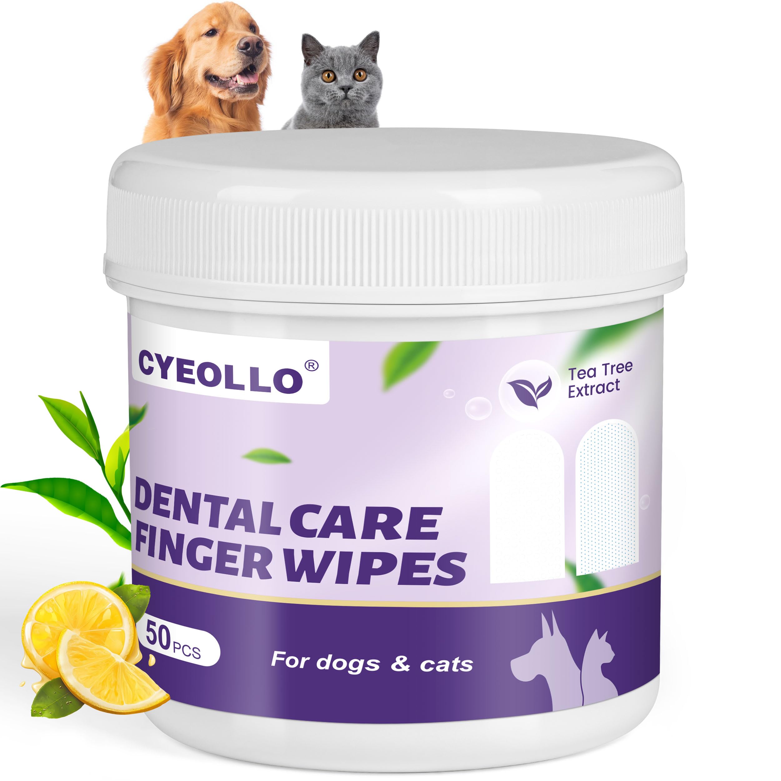 Cyeollo Dog Dental Wipes for Teeth Cleaning - 50 Count Pet Finger Wipes to Reduce Plaque & Tartar, Freshen Breath - No-Rinse Toothbrush Alternative for Dogs & Cats - Gentle Gum Care for Daily Oral Hygiene at Home or Travel