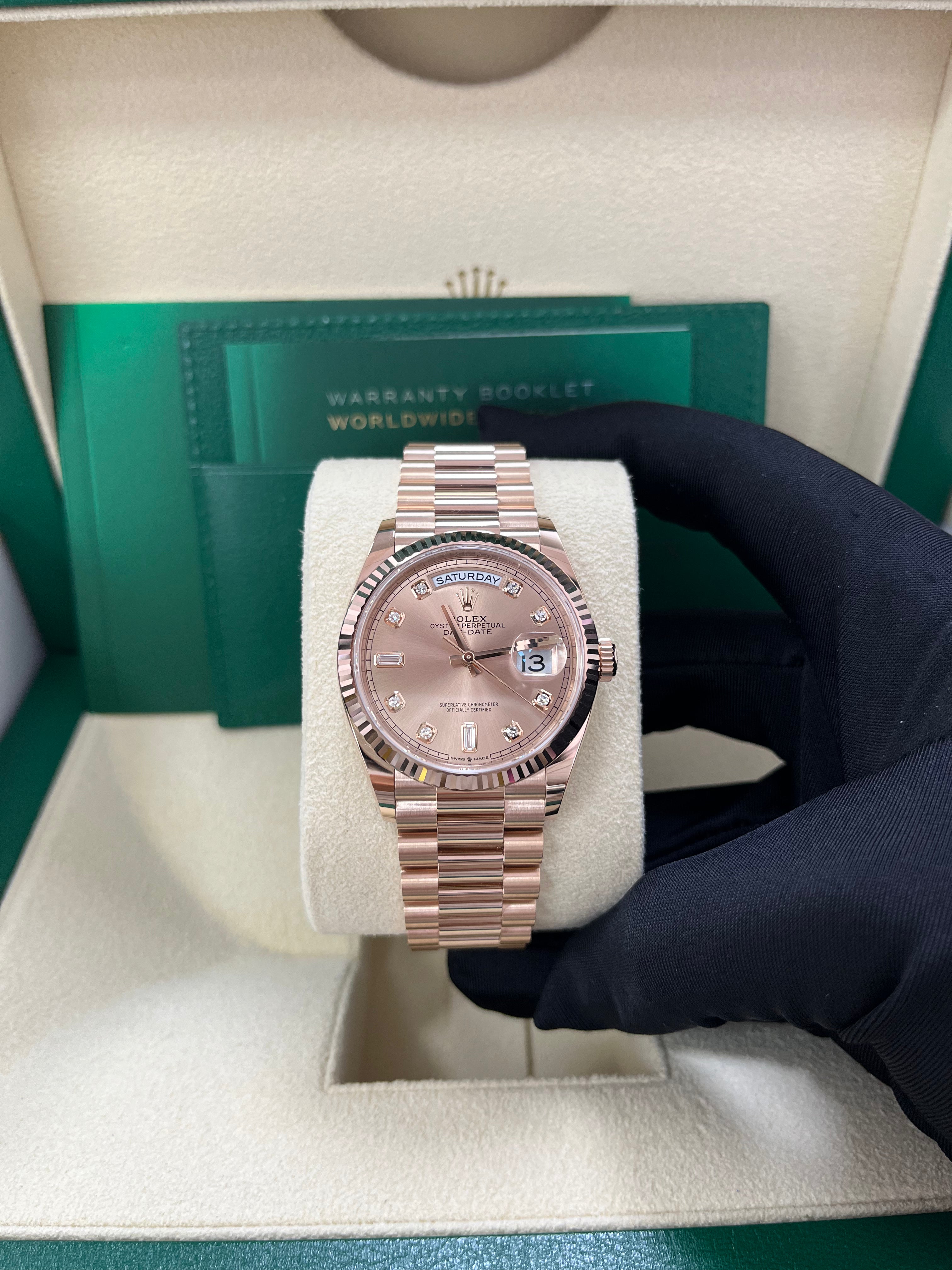 Rolex Day-Date 36 Everose Gold Watch - Fluted Bezel, Rose Diamond Dial, President Bracelet (Ref. 128235) | Luxury Dress Watch for Business & Formal Occasions