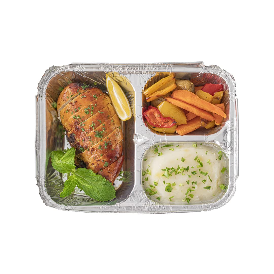 Restaurantware Foil Lux 23oz Aluminum Food Storage Containers - 100-Pack 3-Compartment Rectangle Pans for Baking, Meal Prep & Leftovers (Lids Sold Separately) | Durable & Reusable for Catering, Restaurants & Home Cooking