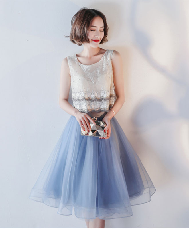 Elegant Blue Lace Tulle Knee-Length Prom Dress | Homecoming Ball Gown | Perfect for Formal Dances, Weddings & Special Occasions