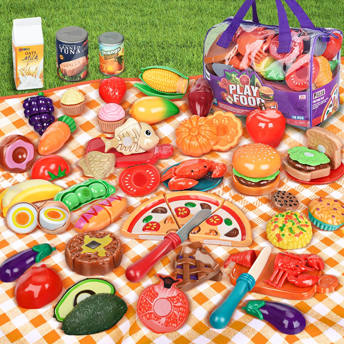 78Pc Pretend Play Food Set for Kids - Cutting Toy Vegetables, Fruits & Pizza with Storage Bag - Realistic Play Kitchen Accessories for Boys & Girls - Perfect for Role Play, Birthday Gifts & Learning Fun