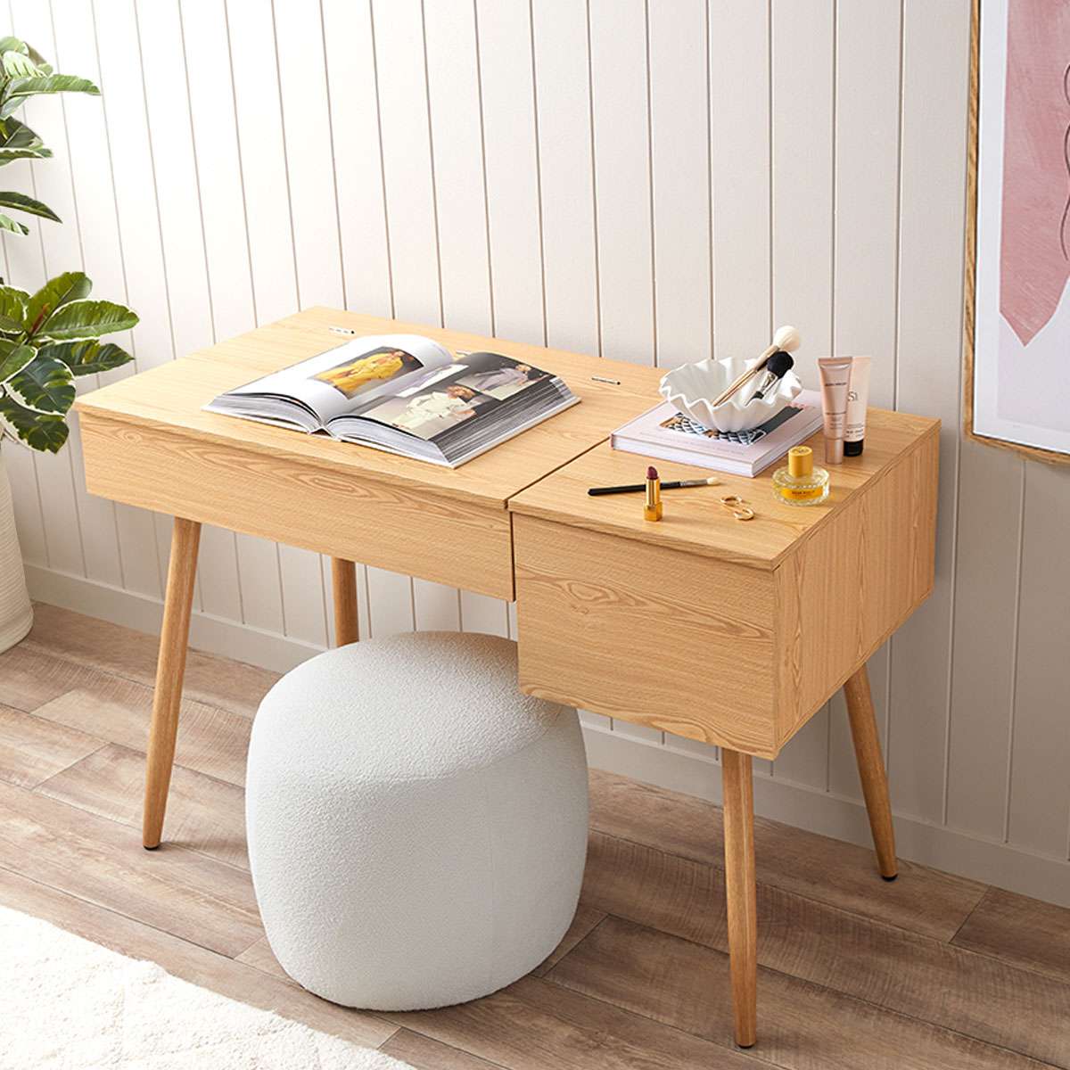 Leia Natural Wood Makeup Vanity Table with Mirror - Elegant Dressing Table for Bedroom, Bathroom & Salon - Perfect for Makeup, Skincare & Hair Styling