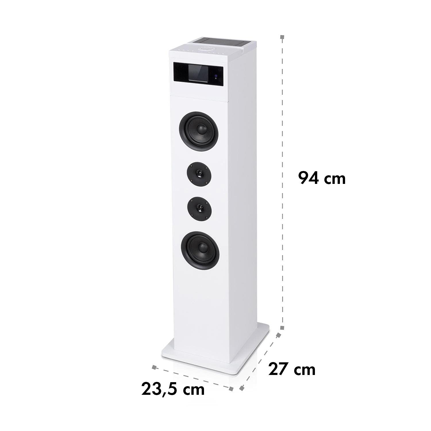 AUNA Karaboom 100 2.1 Channel Bluetooth Tower Speaker System - 120W Max Power, 2-in-1 USB Port, MP3 Playback, AUX Input with Tablet Stand - Perfect for Home Theater, Gaming & Party Sound System (White)