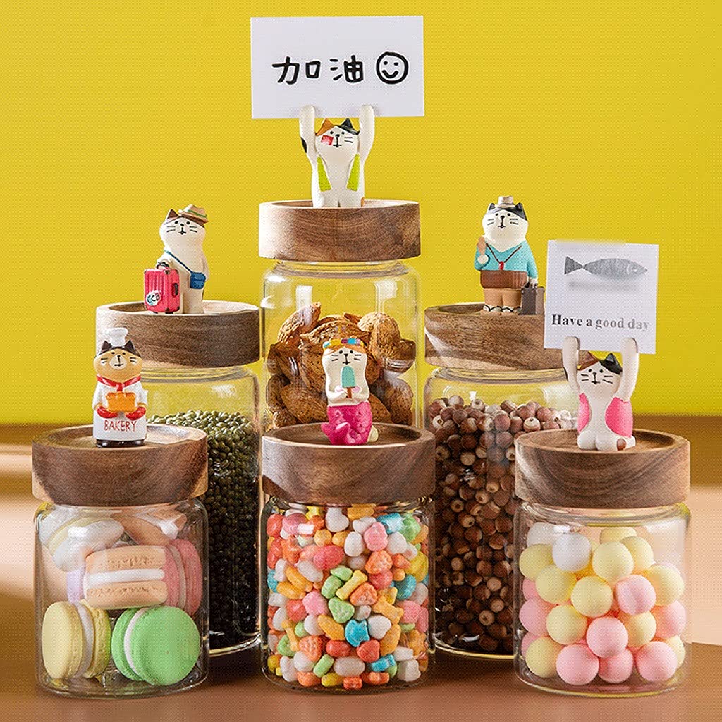 Airtight Food Storage Containers Set - 3-Piece Cute Resin Cat Design Glass Jars with Wooden Lids for Coffee, Sugar, Flour & Dry Goods | Kitchen Pantry Organization & Countertop Decor