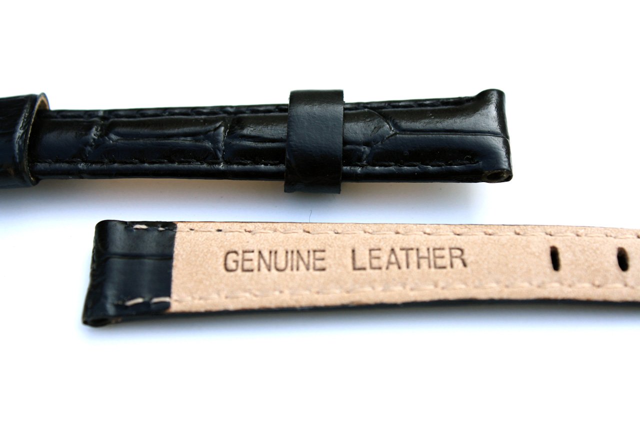 Genuine Black Leather Crocodile Pattern Watch Band - 12mm Long Cut with Stainless Steel Clasp - Perfect for Dress Watches, Business & Formal Occasions