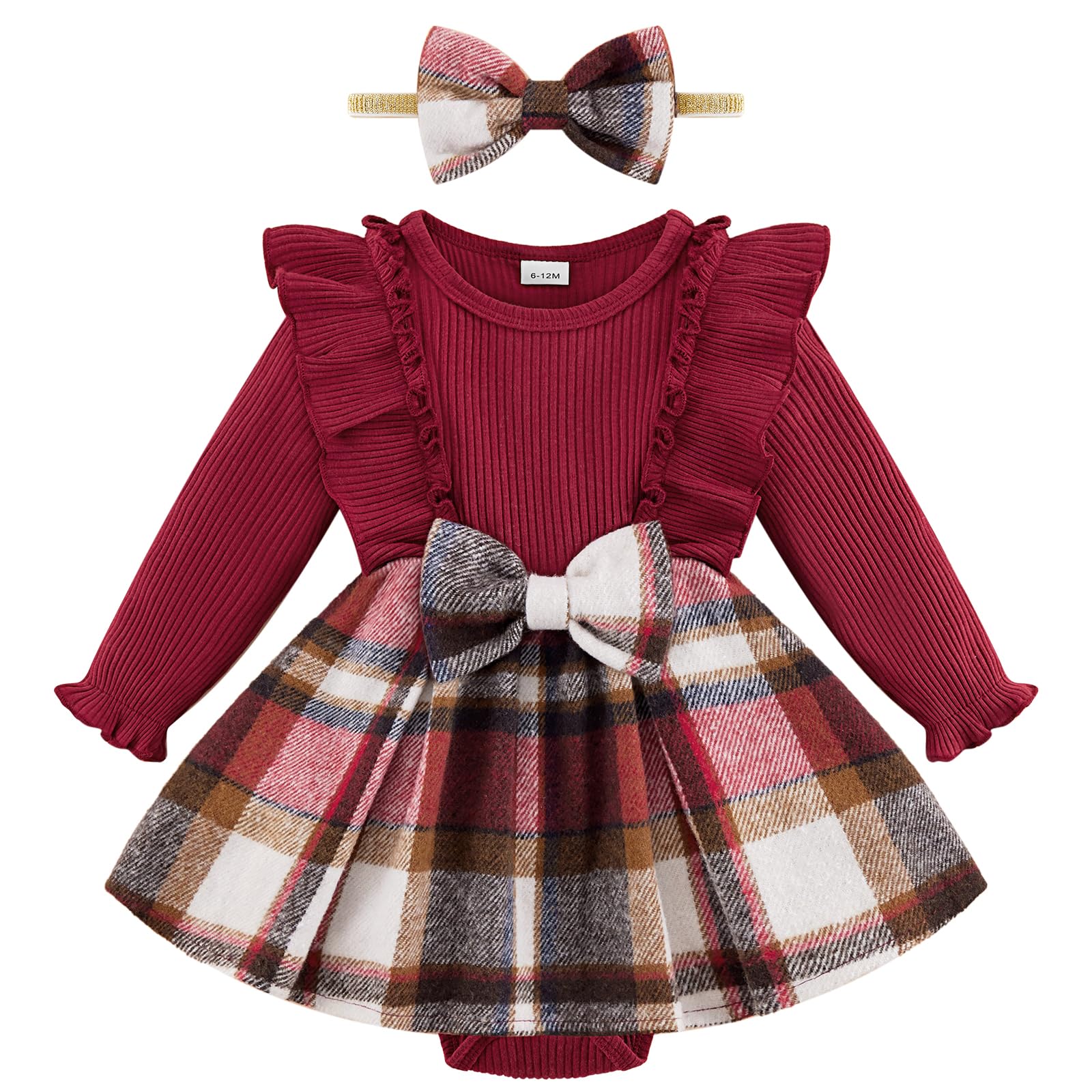 Adorable Baby Girl Fall Winter Outfits - Newborn Infant Ruffle Romper Dress with Headband | 0-18 Months Cute Baby Clothes | Perfect for Holiday Photos, Family Gatherings & Special Occasions