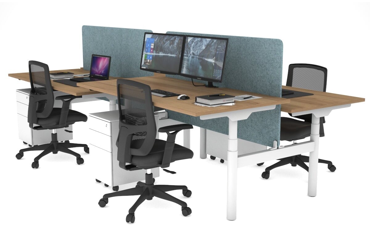 Flexi Premium Height Adjustable 4-Person H Bench Workstation - White Frame [1400L x 700W] - Ergonomic Office Desk for Collaborative Workspaces & Coworking Environments