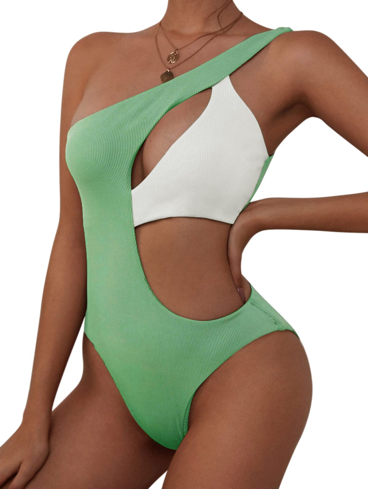 ZAFUL Women's Sexy One Shoulder Ribbed Bikini - Colorblock Cutout One Piece Swimsuit | Beach Vacation, Pool Party, Summer Swimwear