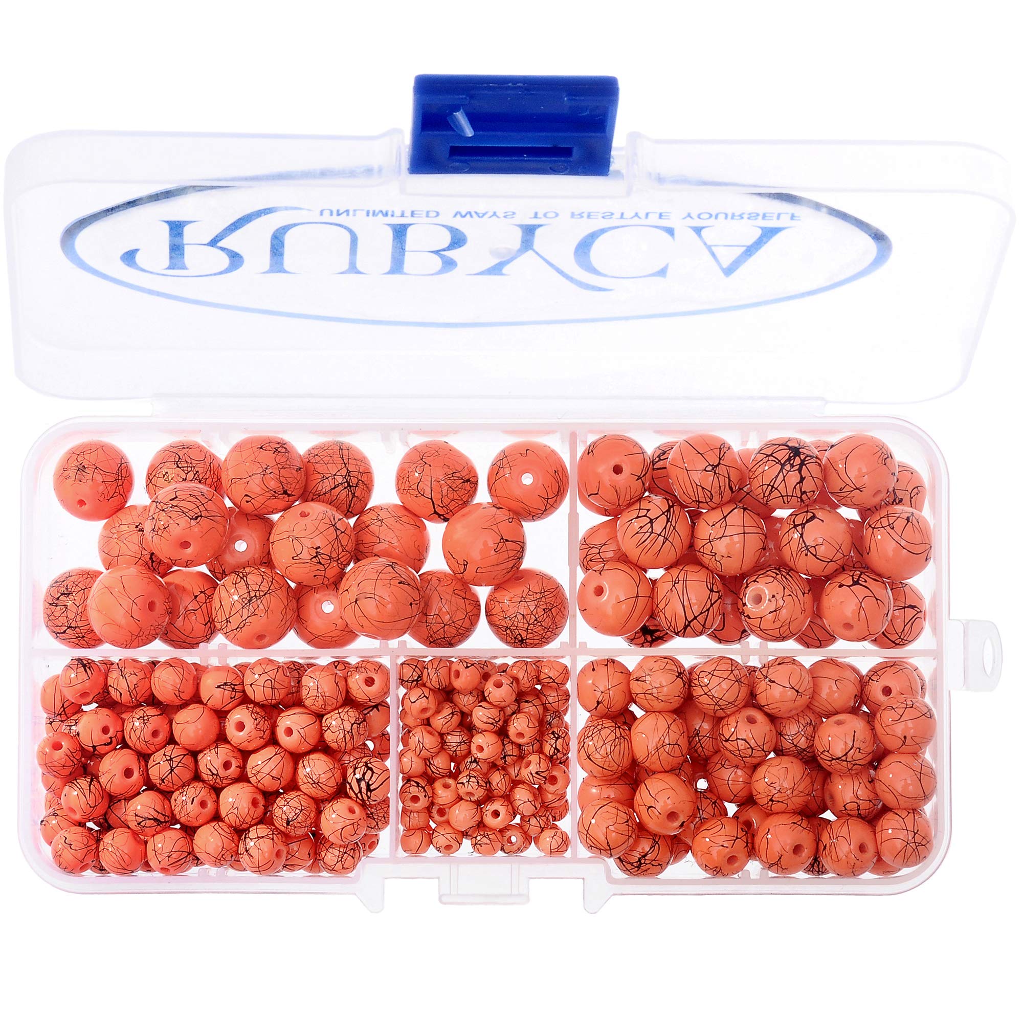 RUBYCA 300pcs Mixed Size Glass Beads for DIY Jewelry Making - Opaque Orange & Black Paint Splatter Design - Perfect for Bracelets, Necklaces, Earrings & Craft Projects