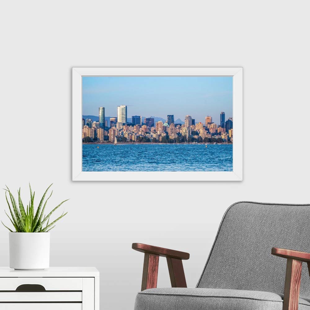 White Framed Art Print - Downtown & English Bay Beach Skyline Wall Decor | Modern Cityscape Artwork for Living Room, Office & Home Decor