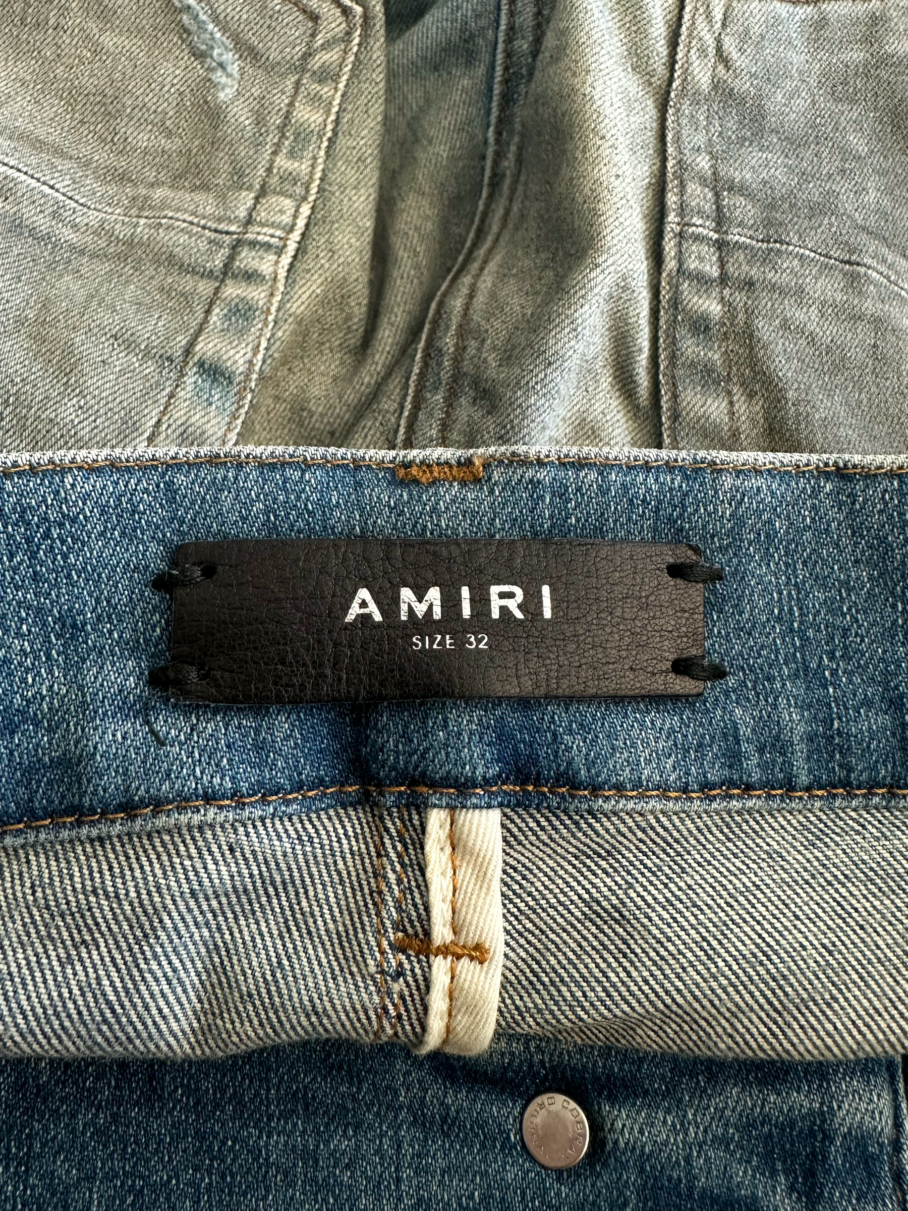 Amiri Dirty Indigo Cashmere Patch MX1 Distressed Denim Jeans for Men - Premium Designer Slim Fit Ripped Denim Pants for Casual Wear & Street Style Fashion