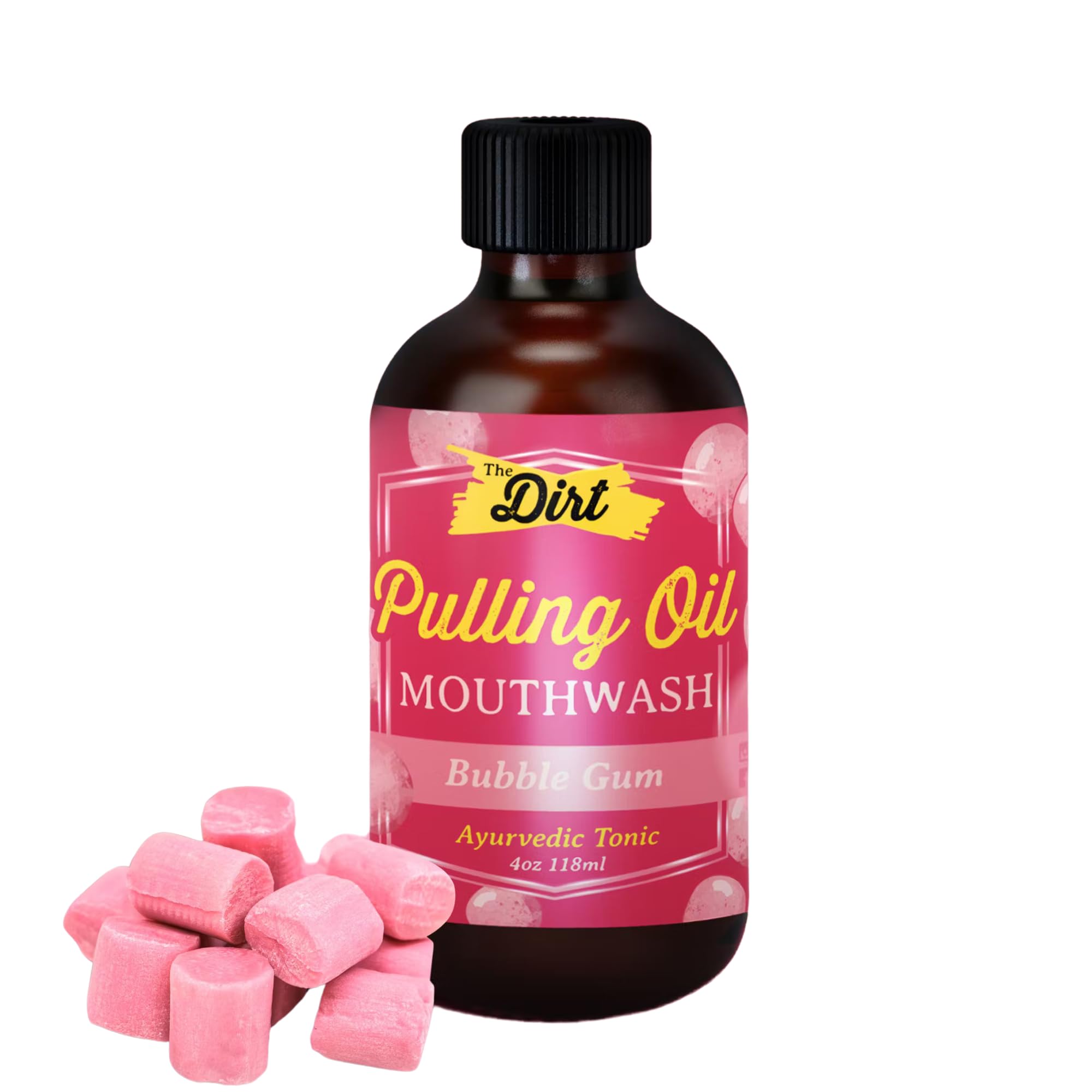 THE DIRT Oil Pulling Mouthwash - Gluten Free, Vegan - Natural Plaque & Tartar Remover, Bad Breath Treatment & Teeth Whitening (Bubblegum Flavor, 4oz) - Perfect for Morning Routine & Oral Detox
